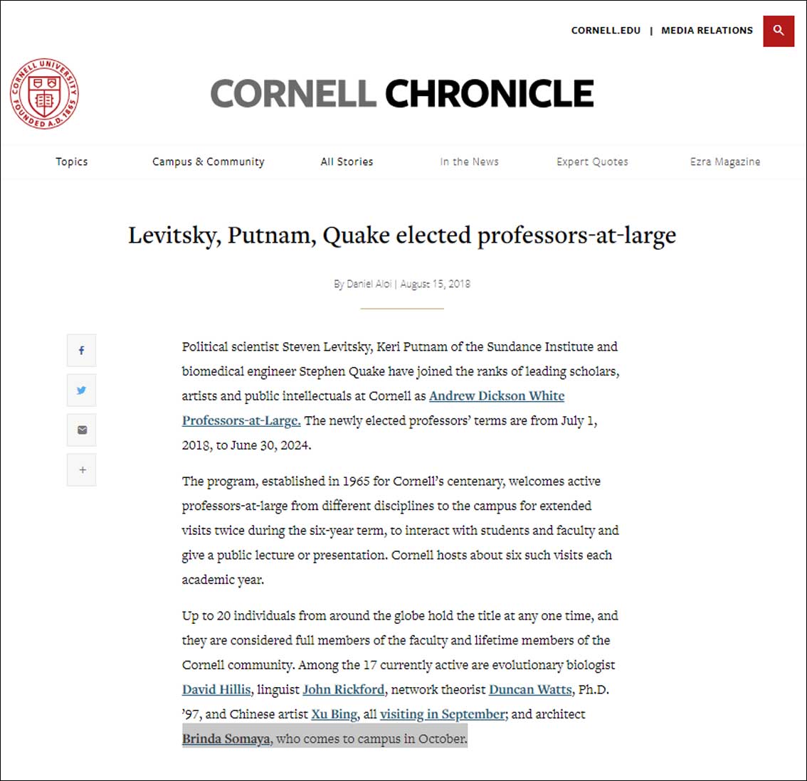 Levitsky, Putnam, Quake elected professors-at-large, Cornell Chornicle - August 2018